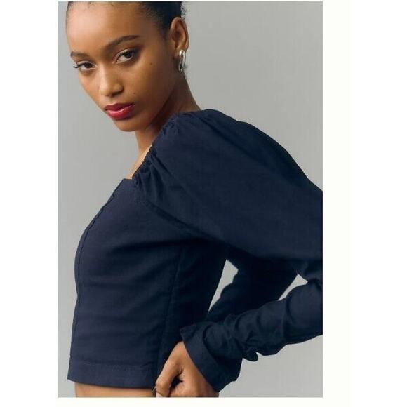 Anthropologie Maeve Top S Navy Blue Wynne Square Neck Smocked Back Shirt NEW - Picture 2 of 12